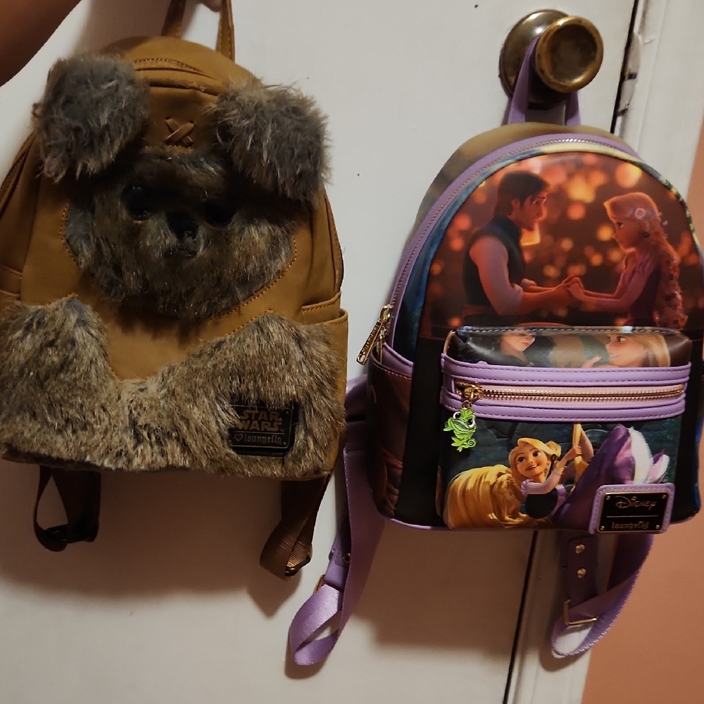 Loungefly Brown Ewok and Purple Tangled Mini Backpacks